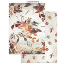 Three sheets of floral cardstock with a vintage botanical pattern, displayed on a clean white background. The pattern features watercolor-style roses, leaves, and script text on an off-white base.