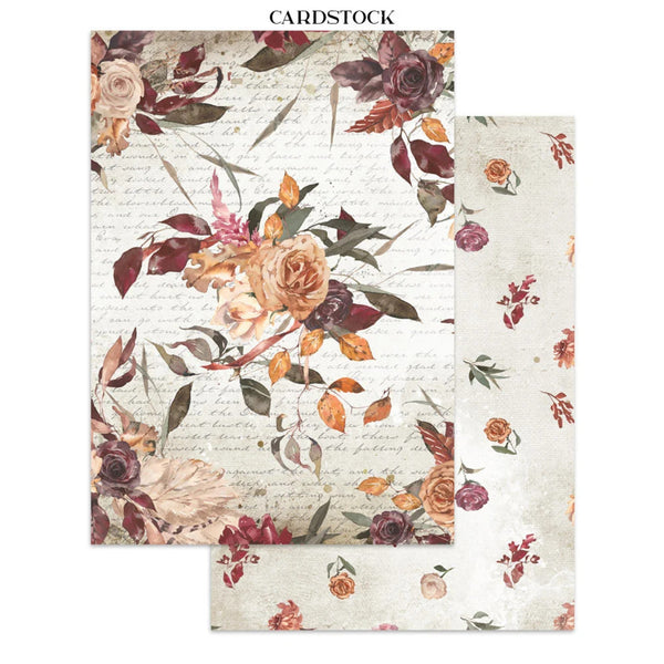 Three sheets of floral cardstock with a vintage botanical pattern, displayed on a clean white background. The pattern features watercolor-style roses, leaves, and script text on an off-white base.