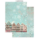 Cardstock with winter scene featuring houses and snowflakes on a light blue background