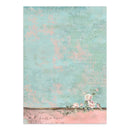 A vertical art print or card featuring a vintage-style design with a textured light blue background, soft pink script and floral accents, and a pink band at the bottom with musical notes and pale pink flowers.