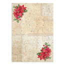 Christmas-themed paper with red poinsettias and holly on a textured background