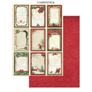 A sheet of Christmas-themed cardstock featuring eight decorative vintage-style label designs on the left and a solid red patterned backing sheet on the right, with the text 'CARDSTOCK' at the top.