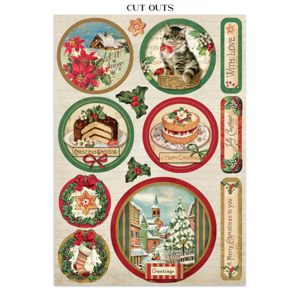 A sheet of Christmas-themed cut-out stickers on a light beige background. The stickers feature festive illustrations including red poinsettias, a gingerbread house, a slice of chocolate cake, a decorated Christmas tree, holly leaves, and holiday text such as 'With Love,' 'Merry Christmas to you,' and 'CUT OUTS' at the top.