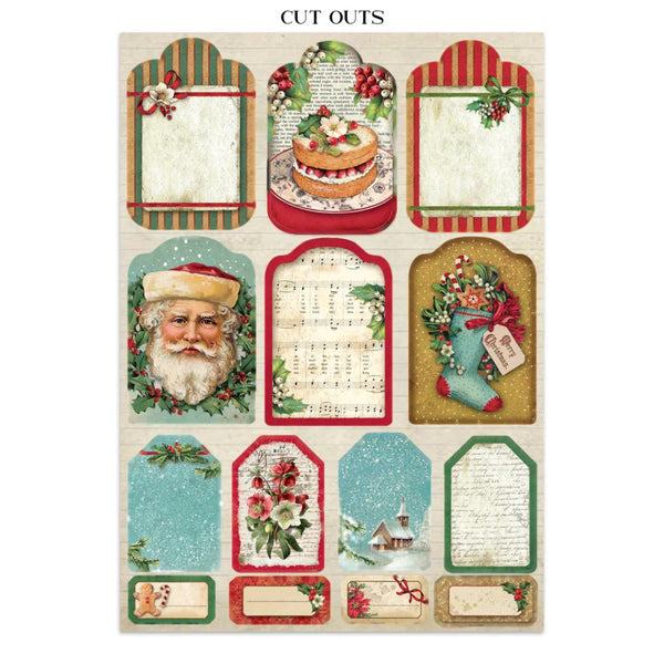A sheet of Christmas-themed paper cutouts with multiple vintage-style labels, frames, and decorative templates featuring Santa, a cake, holly, music notes, a stocking, and snowy scenes on a light beige background.