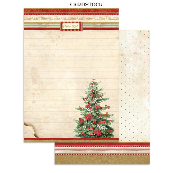 A sheet of Christmas-themed cardstock paper with a vintage lined paper background, a decorated green Christmas tree with red ornaments, and striped borders in red, green, and gold. The text 'CARDSTOCK' is visible at the top, and 'Coast Line' appears on the decorative label.