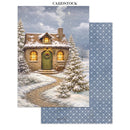 Cardstock with a winter scene of a cozy house and patterned blue background
