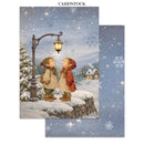 Cardstock with winter scene illustration of two children by a streetlamp, surrounded by snowflakes.