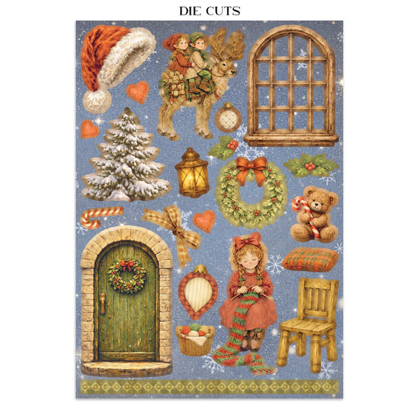 Collection of Christmas-themed die cuts on a blue background with decorative elements.