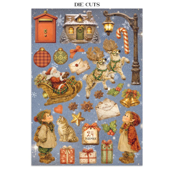 Collection of Christmas-themed die cuts on a blue background with decorative elements.