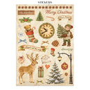 Collection of Christmas-themed stickers featuring a teddy bear, clock, reindeer, and other festive elements on a beige background.