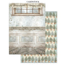 Cardstock with winter scene design featuring a window, fireplace, and potted trees.