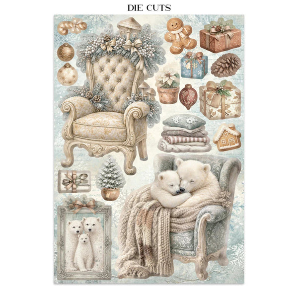 Collection of die-cut Christmas-themed items including a chair, polar bears, and decorative elements on a white background.