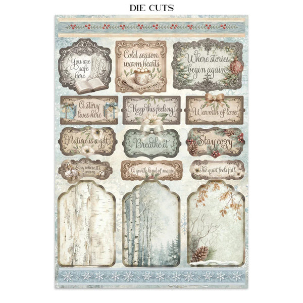 Sheet of die-cut decorative elements with text and nature-themed designs on a white background.