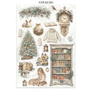 Collection of Christmas-themed stickers featuring a clock, tree, books, and other decorative items on a white background.