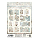 Stamperia cardstock and stickers kit packaging, featuring a sheet of 16 pages for art journaling and card making with various vintage-style illustrations in muted blue, beige, and brown tones.