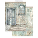 Decorative cardstock with vintage interior design, featuring a door and window.