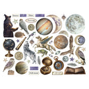 A collection of vintage-style illustrated stickers or decals arranged on a white background, including celestial moon phases, planets, stars, owls, eagles, a pegasus, a globe, compasses, feathers, and small text labels.