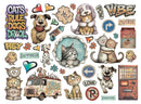 A sheet of whimsical cartoon cat and dog illustrations with decorative text elements such as 'CATS RULE DOGS DROP', 'VIBE', 'HAPPINESS', and 'LOVE', plus small icons including hearts, flowers, a mailbox, and a vending machine, all arranged on a white background.