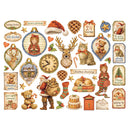A collection of vintage Christmas-themed stickers or decoupage elements arranged on a white background, including Santa Claus, teddy bears, pinecones, a clock, a Christmas tree, a cake, stockings, stars, hearts, and holiday greeting cards.