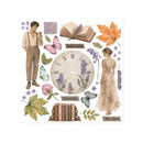 A square sheet of decorative scrapbook paper featuring a vintage, shabby chic aesthetic with illustrations of a young man and woman, a large clock face, purple lavender, butterflies, autumn leaves, and book elements, with French labels like 'Chère amie', 'Remember', and 'Non Amie'.