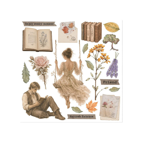 A sheet of vintage-style decorative stickers or decals featuring an illustrated woman sitting on a swing, an open book, flowers, books, leaves, and small text labels such as 'Enjoy every moment,' 'Friend,' and 'Nature's Embrace' on a white background.