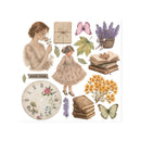 A sheet of vintage-style decorative stickers or decals featuring a woman in a lace dress, a child in a dress, flowers, books, butterflies, leaves, a clock face, and a gift box on a white background.