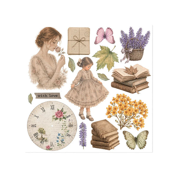 A sheet of vintage-style decorative stickers or decals featuring a woman in a lace dress, a child in a dress, flowers, books, butterflies, leaves, a clock face, and a gift box on a white background.