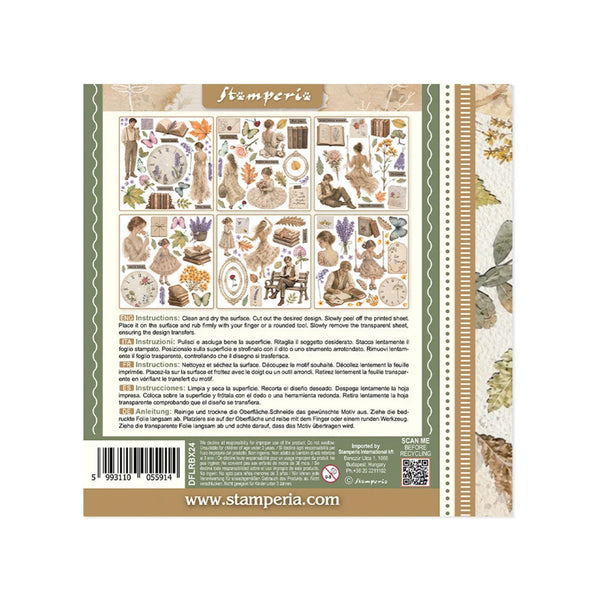 The back of a Stamperia scrapbooking paper sheet, showing the printed instructions, barcode, website, and decorative border with vintage illustrations.