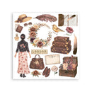 A vintage-style collage of travel and fashion elements on a white background, including a woman in a floral dress, stacked brown suitcases, a hat, sunglasses, a feather, a bird, flowers, a journal, and a postcard labeled London.
