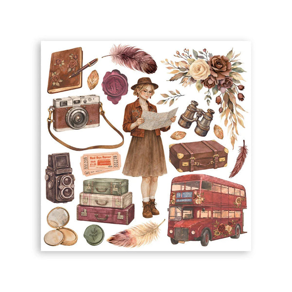 A square collage of vintage travel-themed illustrations on a white background, including a woman reading a map, a red double-decker bus, suitcases, a camera, binoculars, flowers, feathers, and tickets.