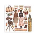 A sheet of vintage-themed watercolor stickers featuring London motifs, including Big Ben, a duffel bag, two girls in floral dresses, a camera, film strip, leaves, flowers, and travel labels.