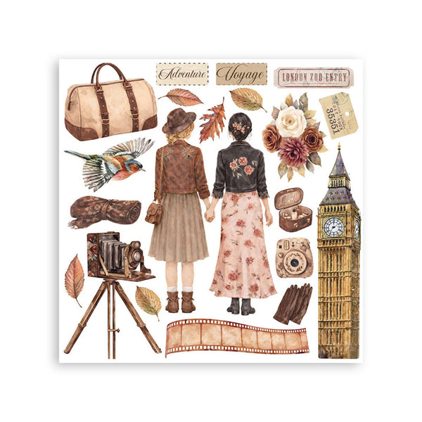 A sheet of vintage-themed watercolor stickers featuring London motifs, including Big Ben, a duffel bag, two girls in floral dresses, a camera, film strip, leaves, flowers, and travel labels.