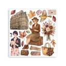 A square collage of vintage autumn-themed illustrations on a white background, including a woman reading, another woman in a floral dress, a bird, leaves, flowers, an old building, a suitcase, a handbag, and envelopes. Text at the bottom reads 'BY AIR MAIL' and 'PAR AVEZ'.
