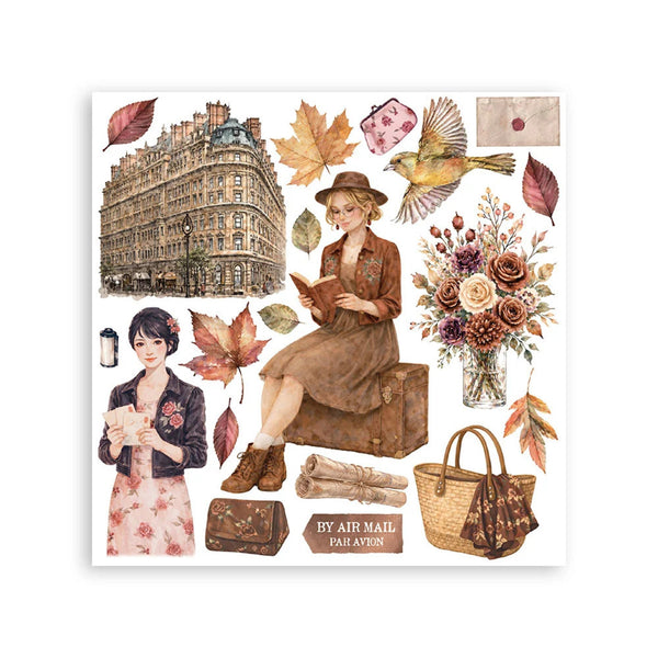 A square collage of vintage autumn-themed illustrations on a white background, including a woman reading, another woman in a floral dress, a bird, leaves, flowers, an old building, a suitcase, a handbag, and envelopes. Text at the bottom reads 'BY AIR MAIL' and 'PAR AVEZ'.