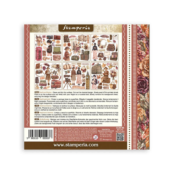 The back of a Stamperia paper craft design sheet, showing the product code 8593, a description of the 'Stuffed Dolls' design in Italian, a barcode, and a vertical strip of floral patterned paper on the right side.