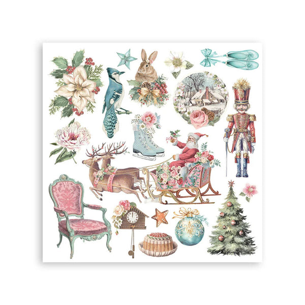 A square sheet of vintage-style Christmas and holiday illustrations on a white background, featuring a pink upholstered chair, blue bird, rabbit, boots, nutcracker, sleigh, deer, flowers, stars, ornaments, and a decorated Christmas tree.