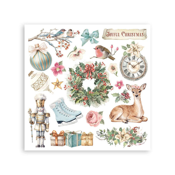 Collection of Christmas-themed illustrations including a clock, wreath, deer, and nutcracker on a white background.