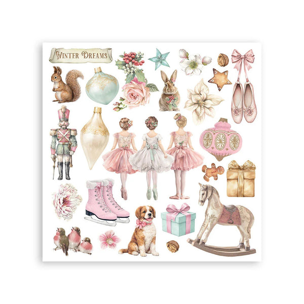 Collection of decorative stickers featuring winter-themed illustrations on a white background.