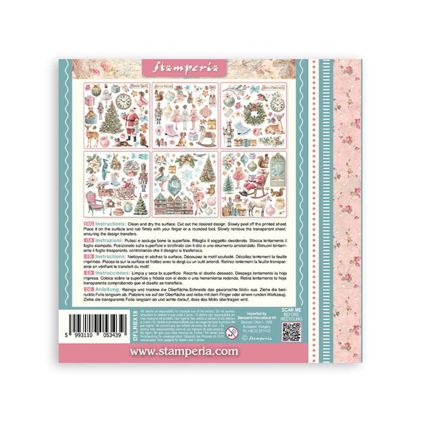 A square craft paper sheet shown from the back, featuring a vintage Christmas-themed stamping plate with illustrations of Santa Claus, trees, ornaments, and holiday decorations. The sheet has a pink header reading 'stamperia' and a floral border on the right side, photographed against a plain white background.