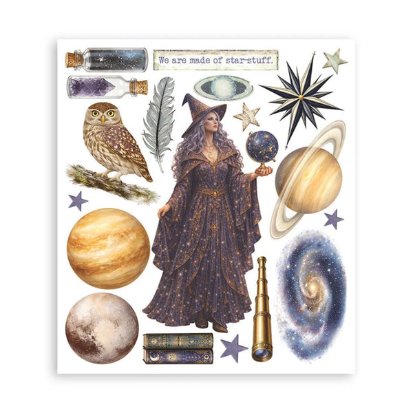 A sheet of wizard-themed sticker or decal designs on a white background, featuring a witch in a star-speckled robe, planets, stars, an owl, a feather, bottles, books, and a galaxy illustration.