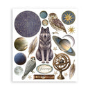 A sheet of celestial and nature-themed wall decals featuring a gray wolf, owls, planets, stars, moons, feathers, and an armillary sphere on a white background.