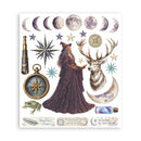 A sheet of whimsical vintage-style illustrated stickers or decals featuring a wizard, moon phases, stars, a compass, a frog, a bottle, and decorative text phrases on a white background.