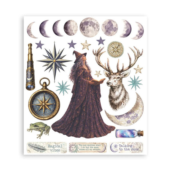 A sheet of whimsical vintage-style illustrated stickers or decals featuring a wizard, moon phases, stars, a compass, a frog, a bottle, and decorative text phrases on a white background.