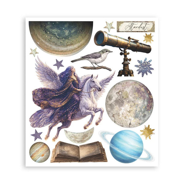 A celestial-themed sticker sheet featuring a winged figure riding a white horse, a telescope, planets, stars, a bird, an open book, and other space motifs on a white background.