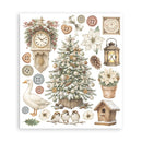 Collection of Christmas-themed illustrations including a tree, clock, lantern, and birds on a white background.