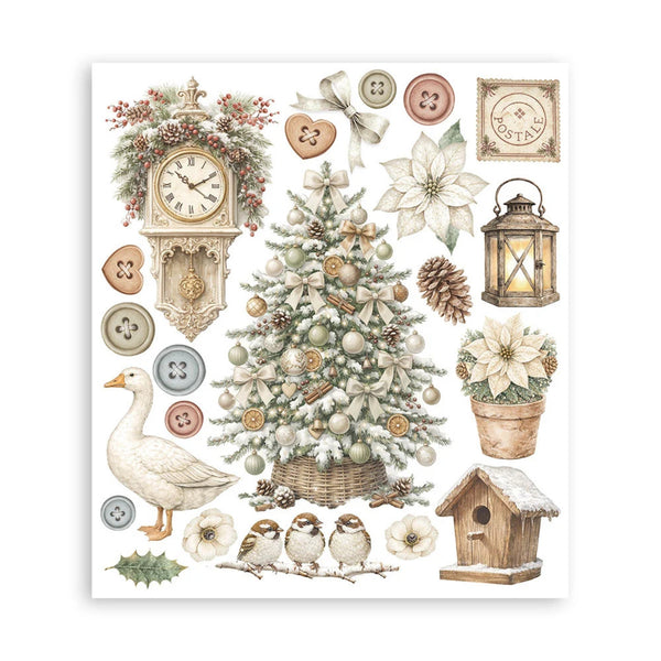 Collection of Christmas-themed illustrations including a tree, clock, lantern, and birds on a white background.
