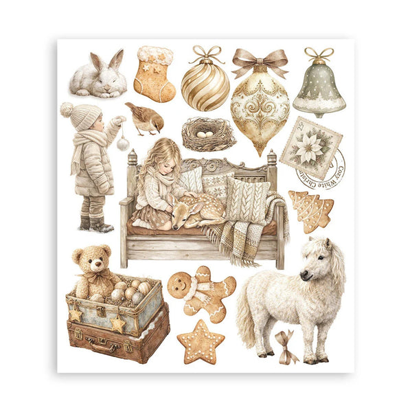 Illustrated scene with a child, teddy bear, horse, and various decorative items on a white background.