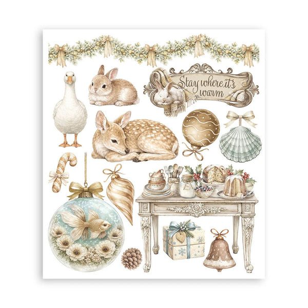 A watercolor-style holiday collage print featuring a white goose, rabbits, deer, ornaments, candy canes, a decorated table with pastries, gifts, a bell, pinecones, and a garland, all arranged on a white background with the phrase 'Stay where it's warm' in an ornate banner.