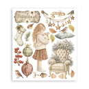 A square art print or card featuring a vintage-style winter scene with a young girl holding a rabbit, a tufted armchair with floral details, stockings, ornaments, birds, acorns, and the phrase “Nature is a gift,” all rendered in soft beige, brown, muted green, and red tones on a white background.