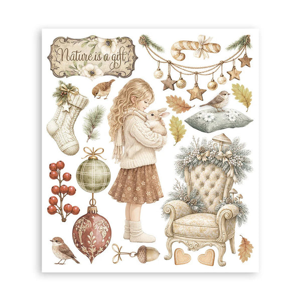A square art print or card featuring a vintage-style winter scene with a young girl holding a rabbit, a tufted armchair with floral details, stockings, ornaments, birds, acorns, and the phrase “Nature is a gift,” all rendered in soft beige, brown, muted green, and red tones on a white background.
